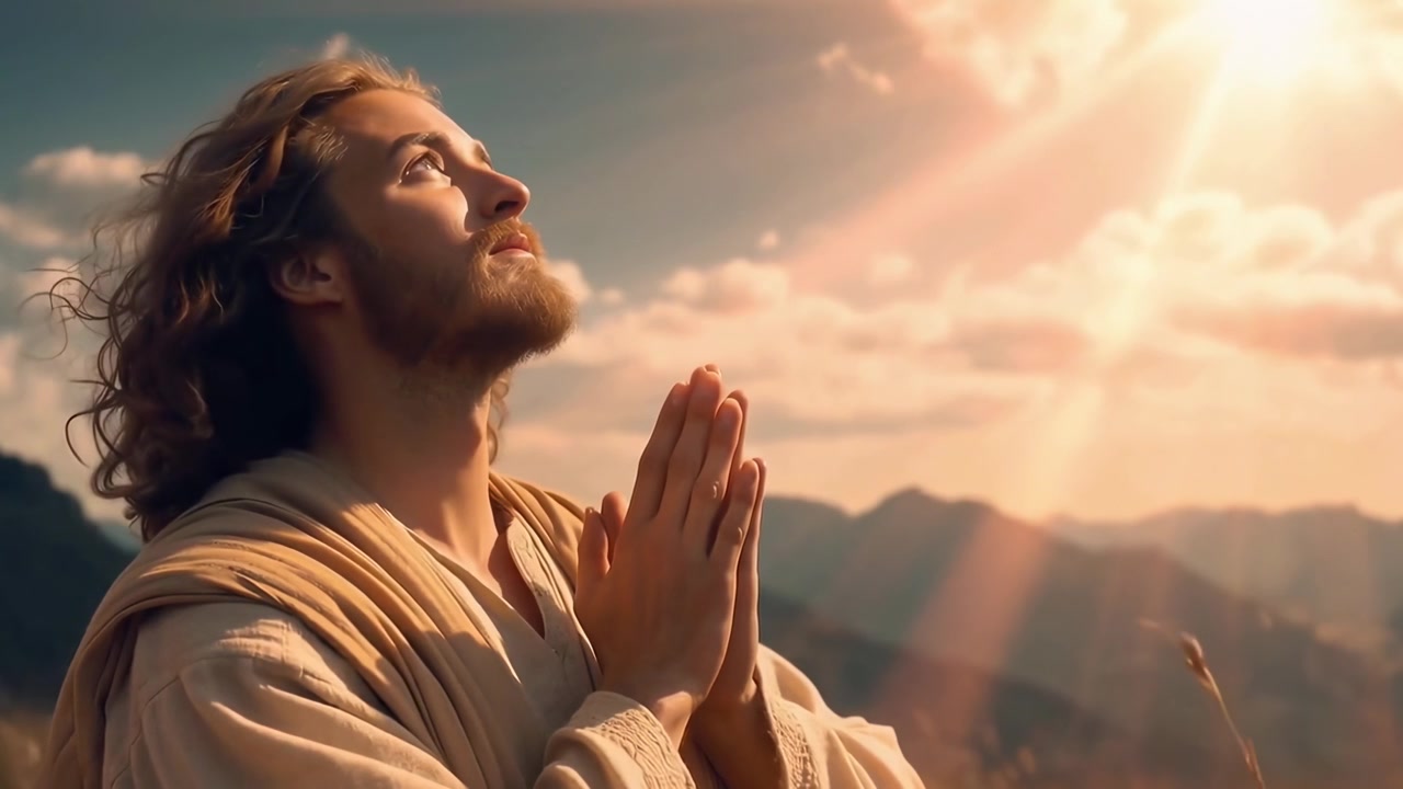 Jesucristo orando con las manos juntas bajo luz divina