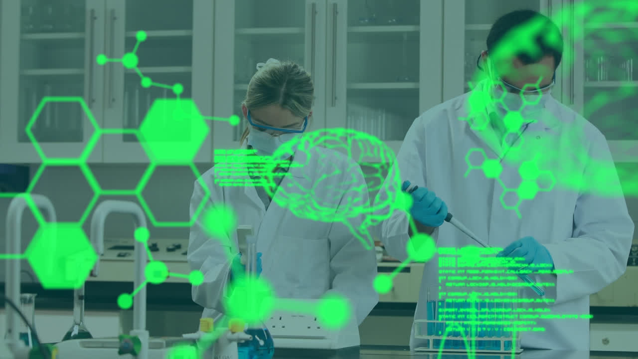 Animation of medical data processing over diverse male and female scientist working at laboratory