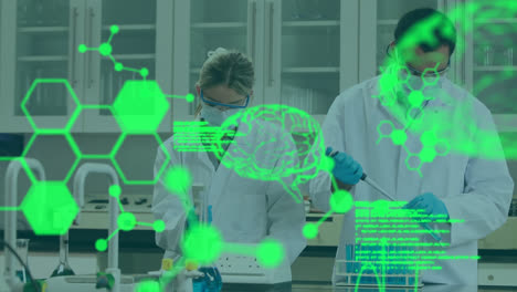 animación del procesamiento de datos médicos sobre diversos científicos masculinos y femeninos que trabajan en el laboratorio