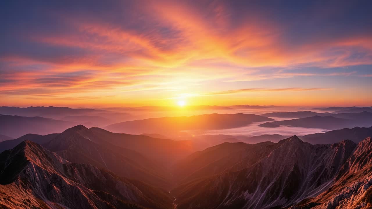 Vibrant Sunrise or Sunset over Majestic Mountain Landscape with Misty Valleys