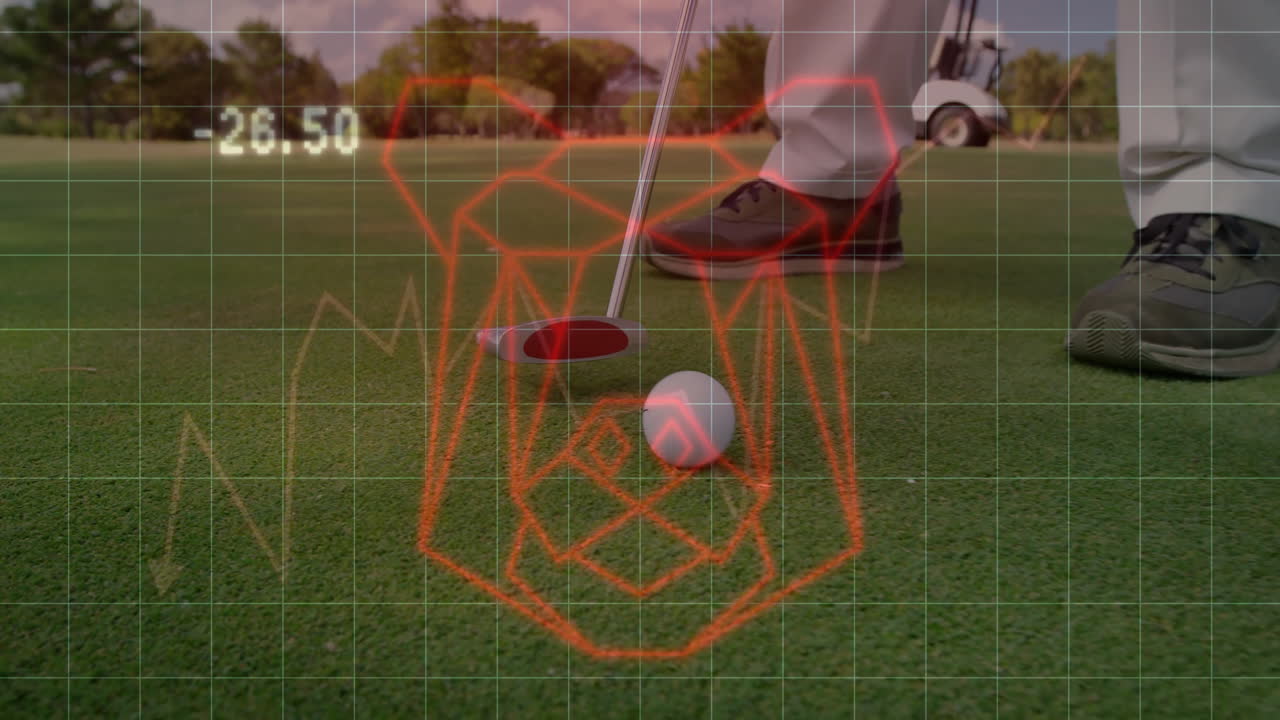 Golf ball trajectory analytics animating on putting green, with overlay grid lines and data shapes