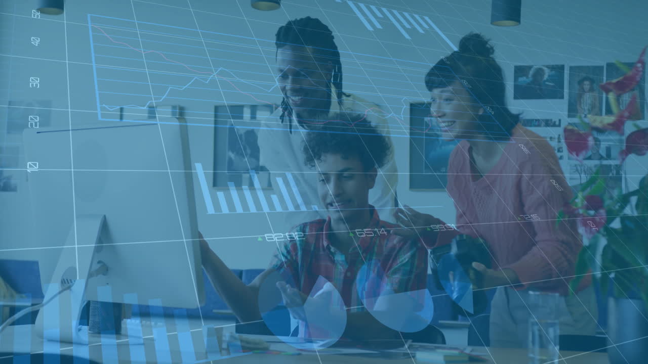 Collaborating in office, diverse team processing financial data with animation overlay