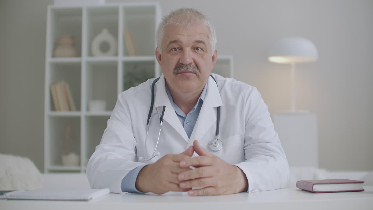 middle-aged male pediatrician is consulting online from office in clinic answering and giving recommendations