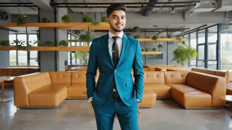 young confident indian entrepreneur in elegant blue suit posing with hands in pockets in a modern office lobby with orange sofas and green plants, looking successful and proud