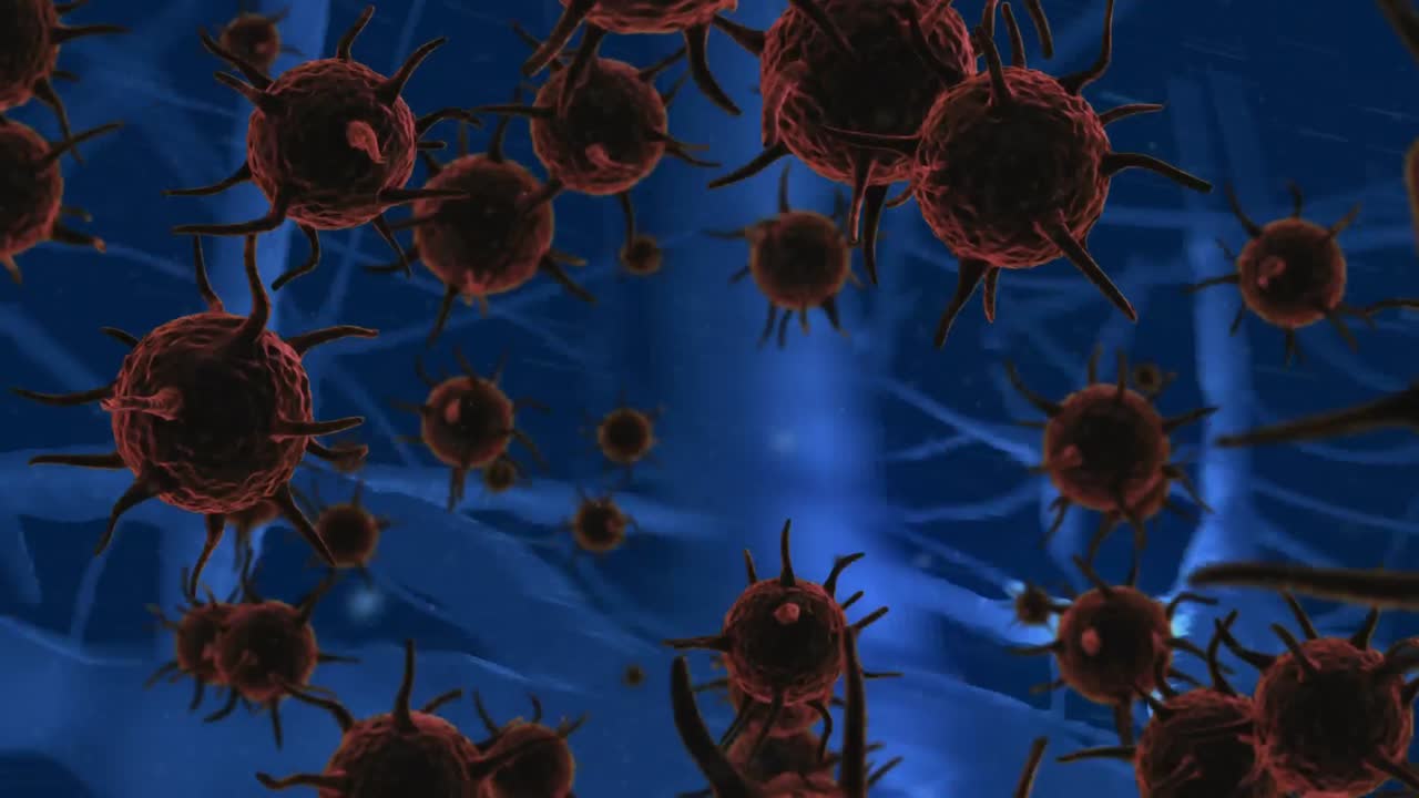 animación de células de covid-19 y neuronas azules sobre un fondo azul