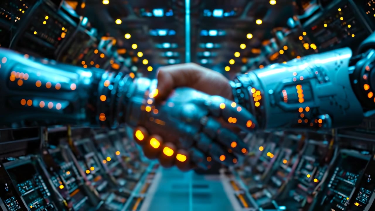 Human hand shaking cyborg robotic hand in futuristic setting. Close-up of a handshake between a human and a highly detailed cybernetic robot hand with glowing lights.