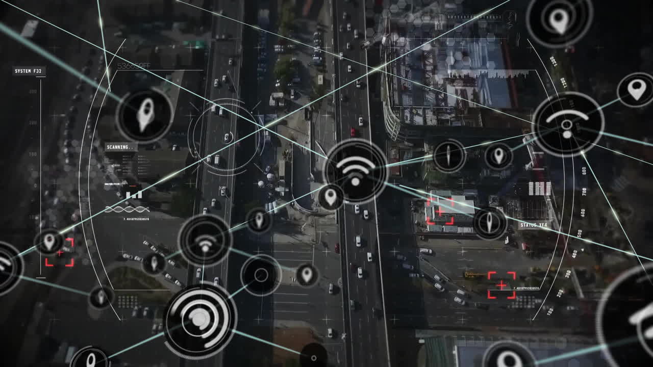Network connectivity animation over aerial view of busy urban highway