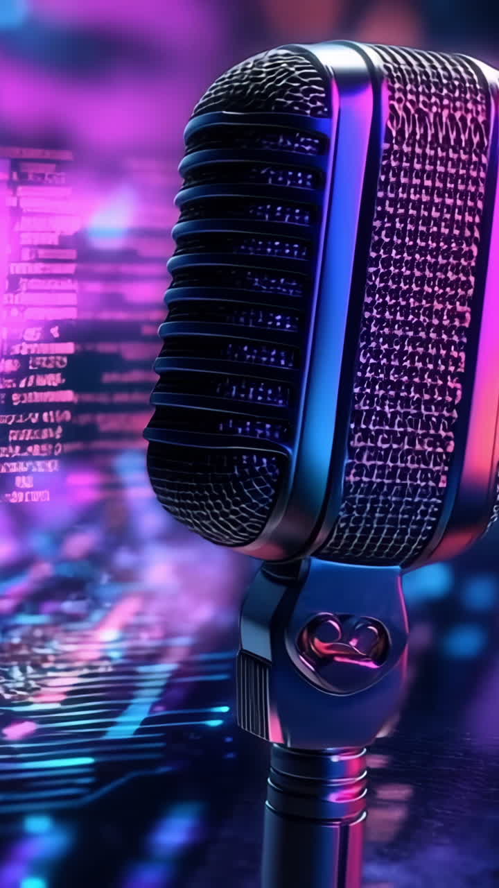 Microphone with vibrant visuals. A vintage-style microphone stands against a colorful digital background, symbolizing music and technology.