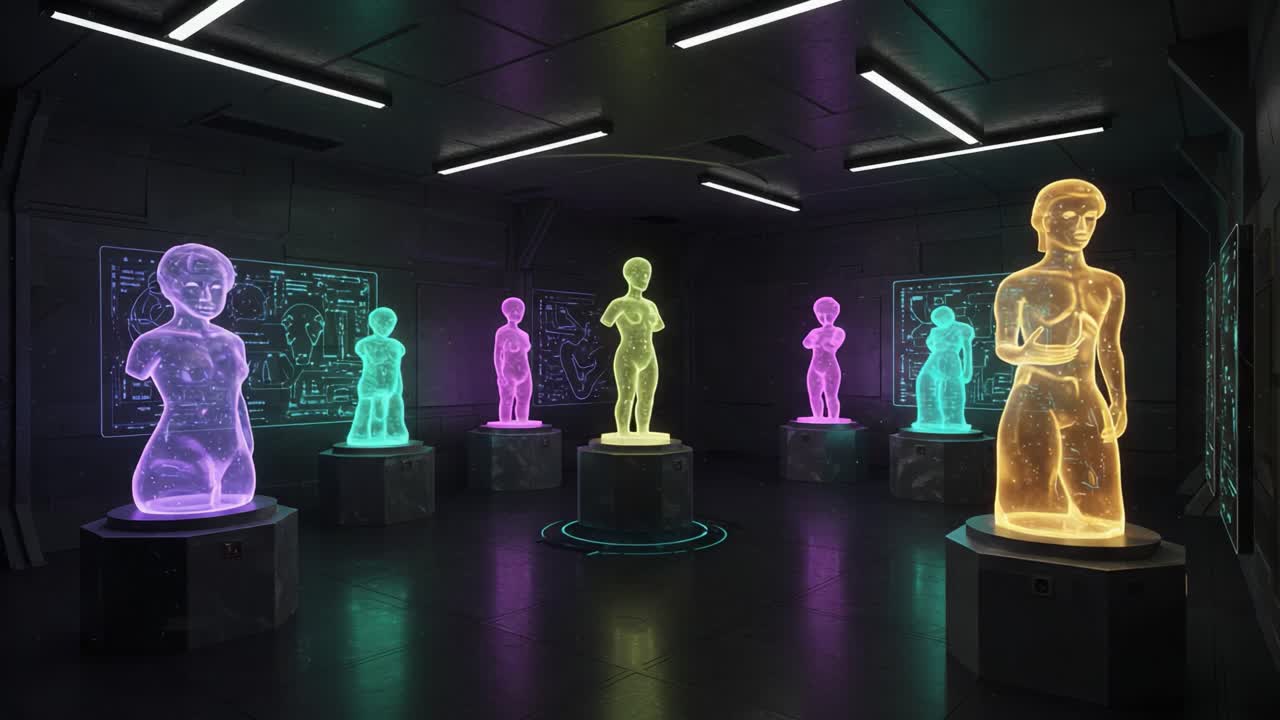 Exploring Futuristic Art: A Room Filled with Illuminated Transparent Figures Showcasing Advanced Designs and Creative Expressions in a Sci-Fi Setting