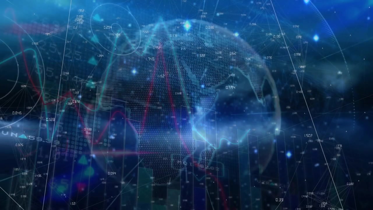 Animation of networks of connections and data processing over globe