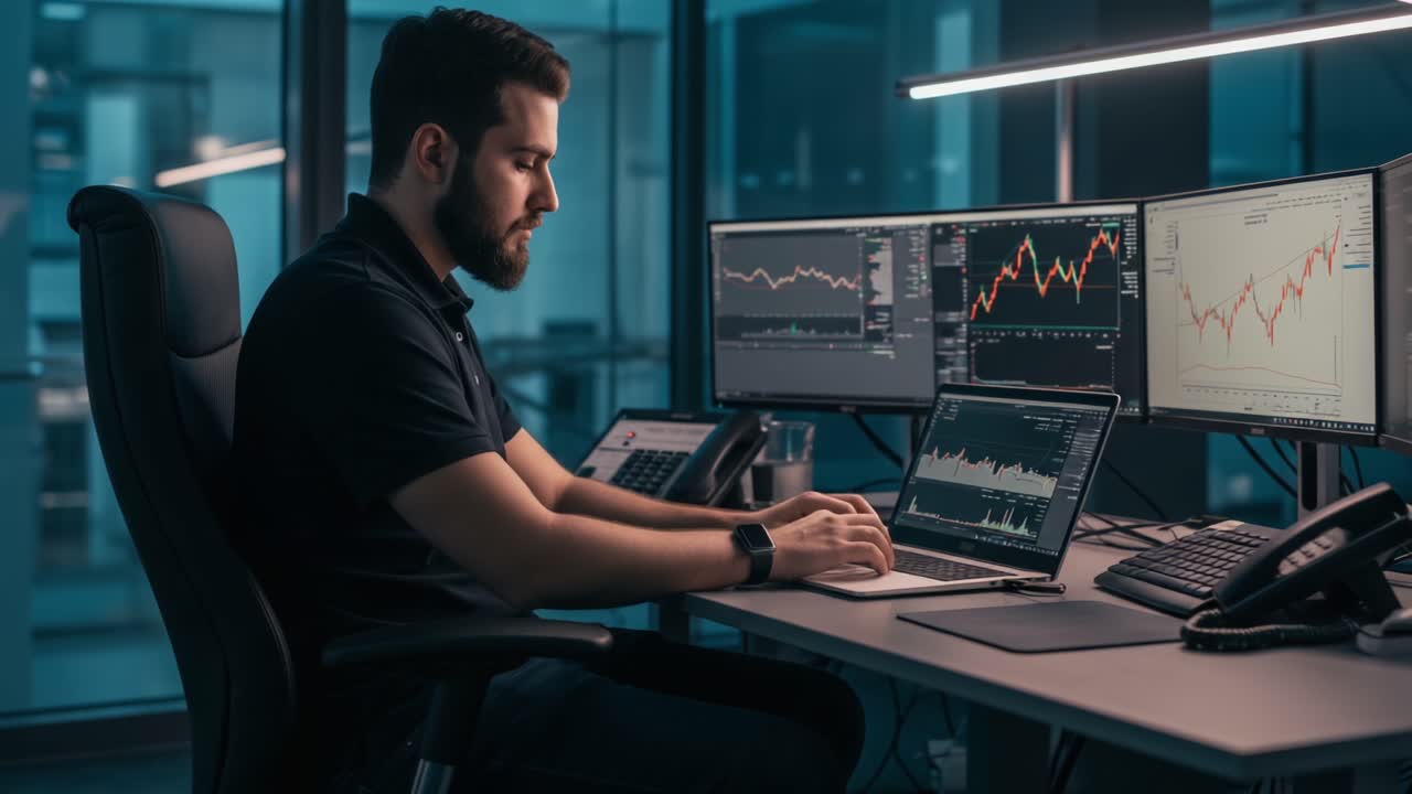 Focused Trader Analyzing Financial Data on Multiple Screens in a Modern Office Environment with Charts and Graphs Displaying Market Trends