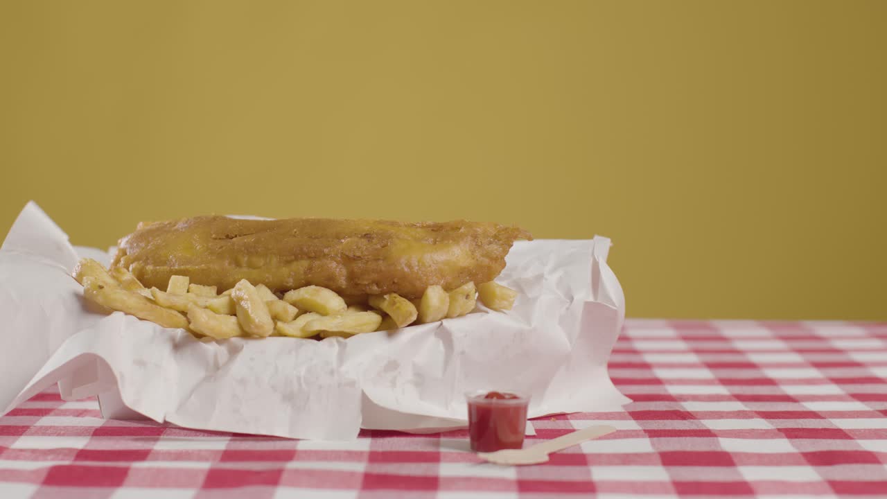 tomada de estudio de una comida tradicional británica de pescado y papas fritas 5