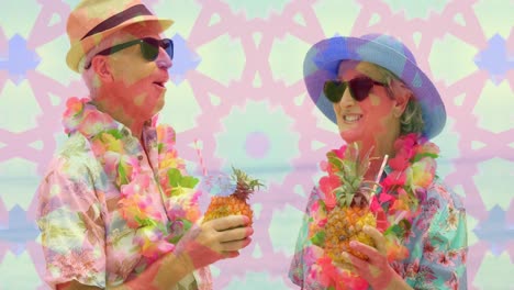 animation of shapes over happy senior caucasian couple with drinks