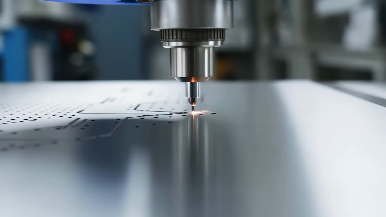 Primo piano di un ugello di taglio metallico impegnato con una lastra di acciaio inossidabile riflettente, che invia scintille luminose attraverso le perforazioni mentre il lavoro di fabbricazione industriale pulito continua nell'officina.