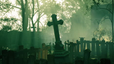 spooky graveyard with a cross in the mist