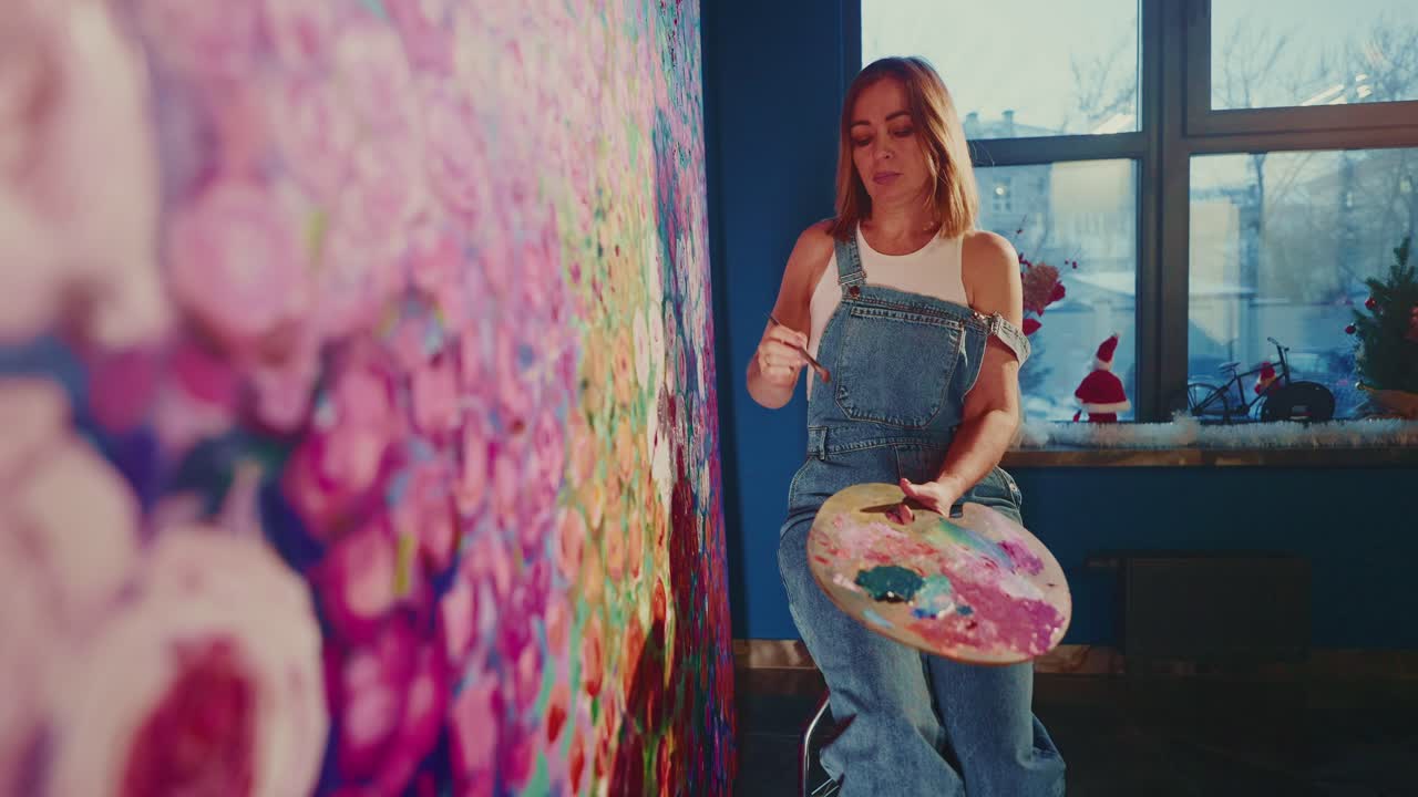 Kvindelig kunstner maler et stort farverigt blomstermotiv på lærred i sit atelier.