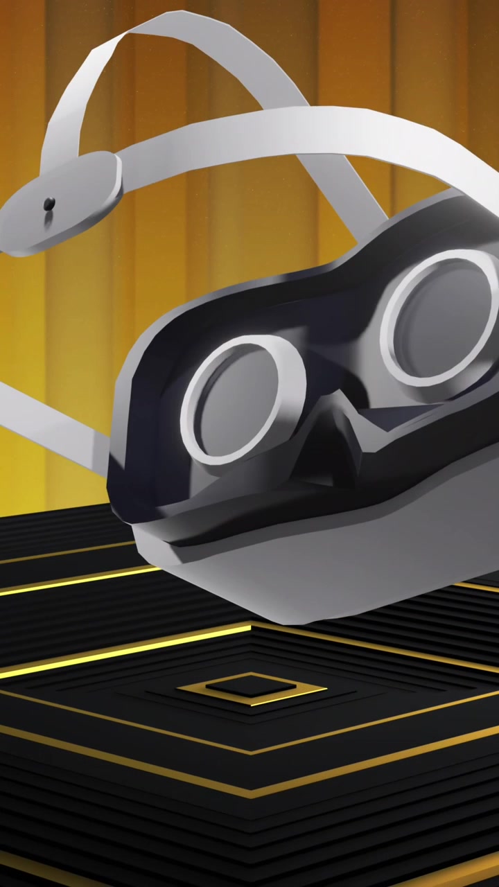 Animation of vr headset moving over black and gold podium on gold background