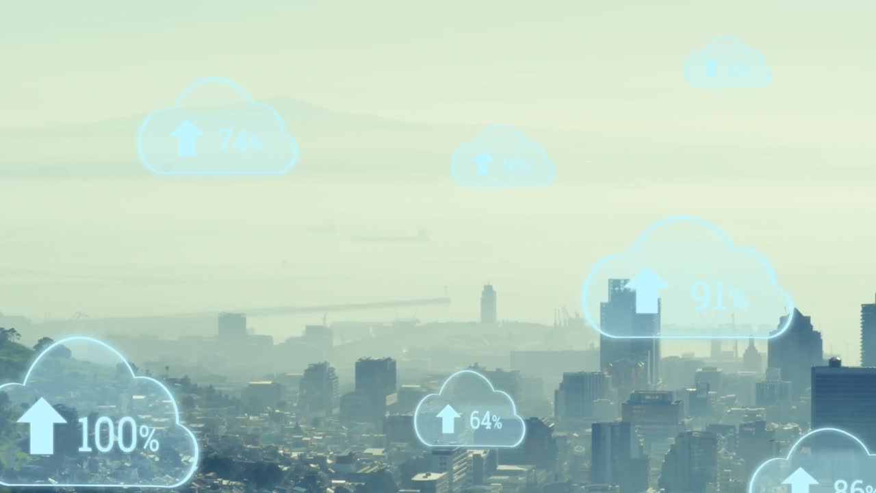 Animation of multiple cloud icons with increasing percentage against aerial view of cityscape