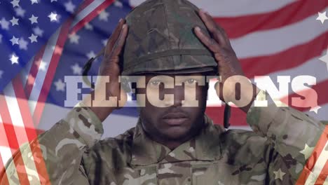 animation of flag of usa and elections text over african american male soldier