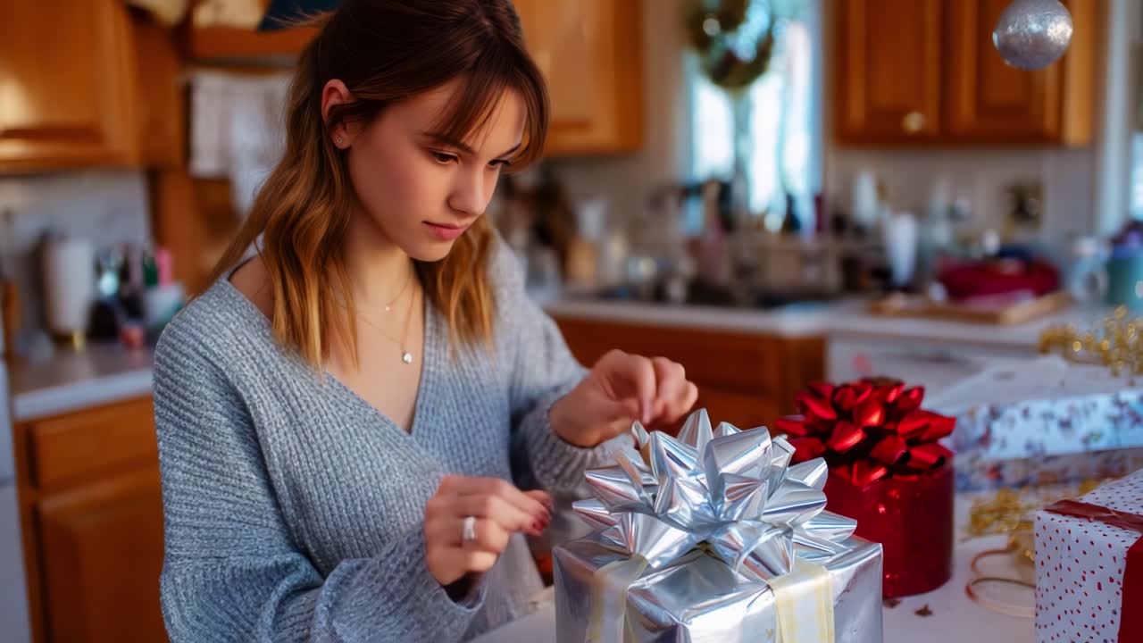 A Young Woman Carefully Wraps a Silver Gift with a Bow in a Cozy Kitchen Decorated for the Holidays, Demonstrating the Art of Present-Making with Focus and Elegance