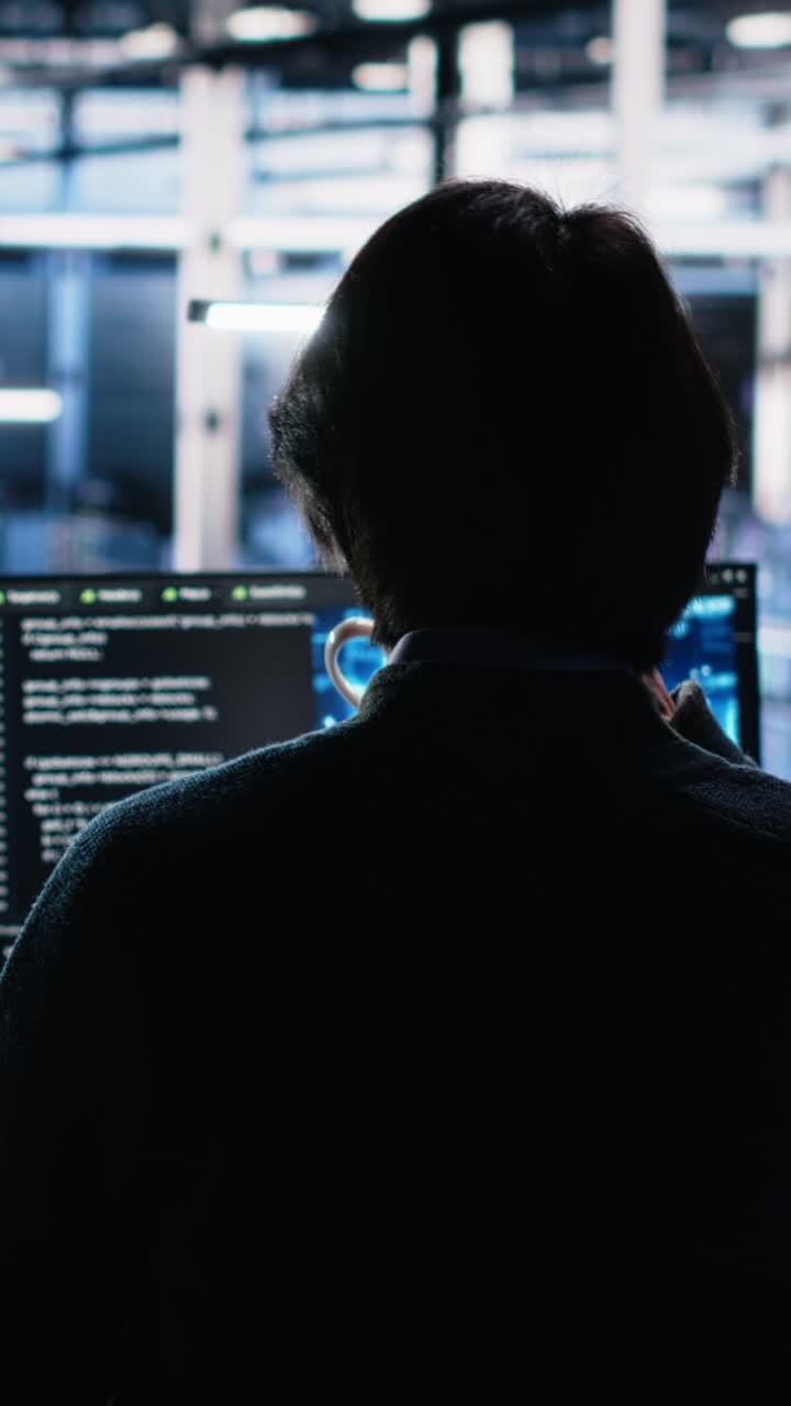 Vertical video Engineer in server room using AI to review infrastructure diagnostics on devices