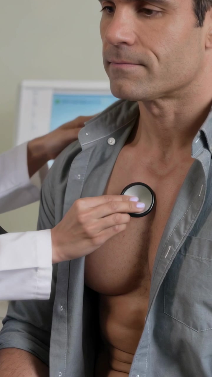 Video verticale: Medico in camice che posiziona lo stetoscopio, palpando e ascoltando il petto di un uomo con la camicia aperta