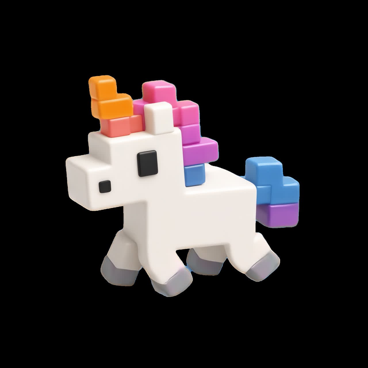 Colorful unicorn toy blocks animation isolated asset, transparent 4K video, alpha channel, ProRes