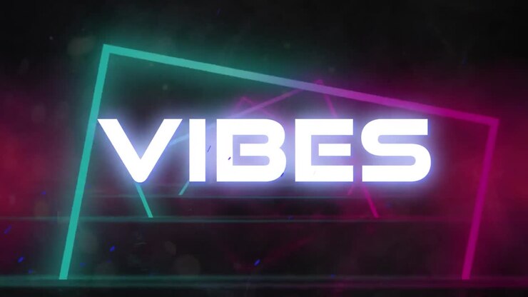 Animazione del testo "vibes" in bianco luminoso su rettangoli al neon rosa e verdi su sfondo nero