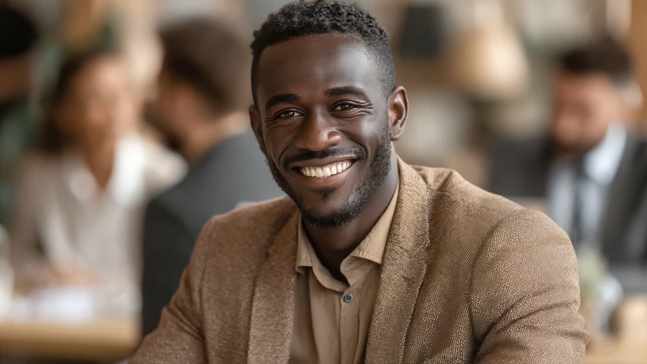 Un homme sûr de lui, souriant chaleureusement à l’appareil photo, incarnant la positivité et le charisme dans un cadre professionnel rempli de conversations stimulantes et de collaboration