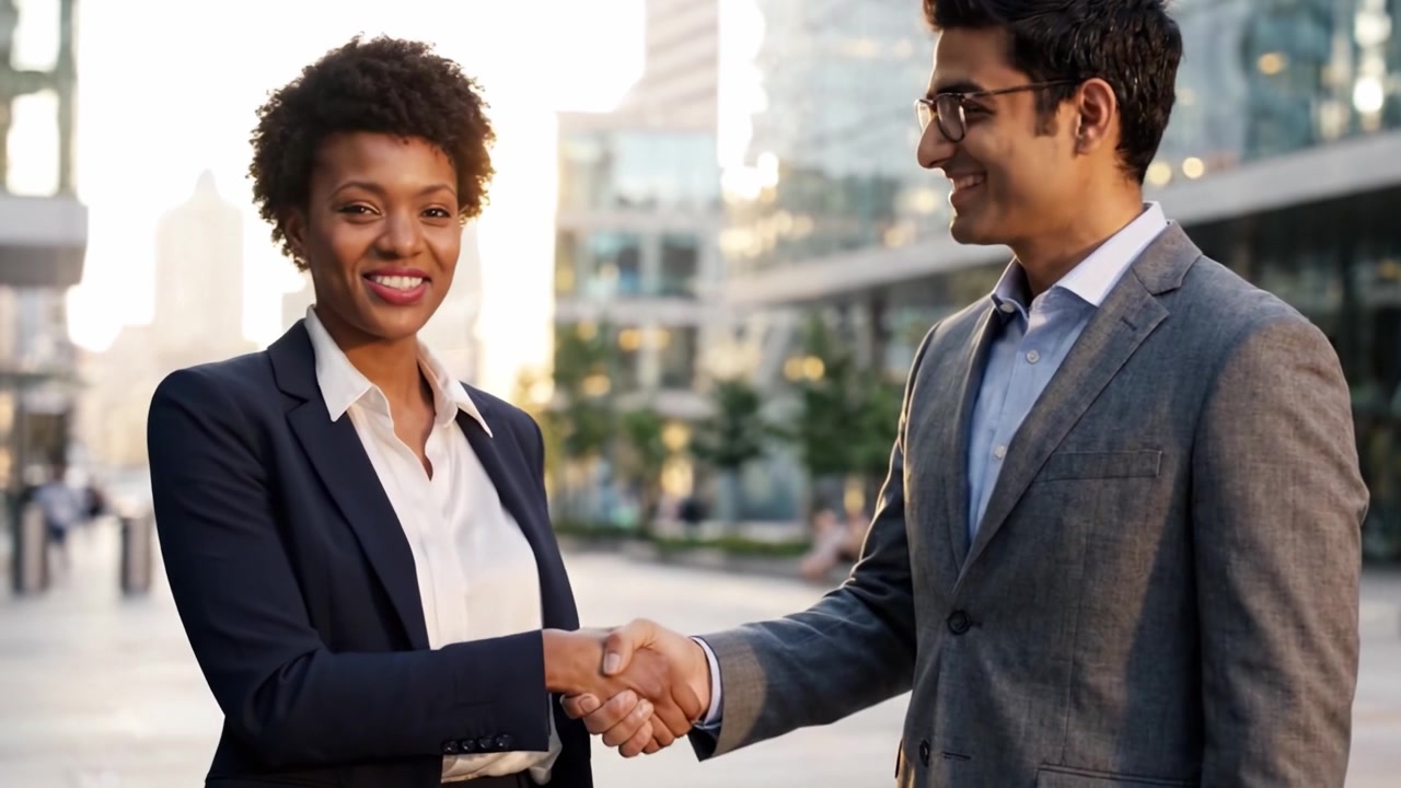 Professional Colleagues in Urban Setting: Engaging Smiles and Confidence Displayed in a Modern City Environment, Emphasizing Professionalism and Collaboration