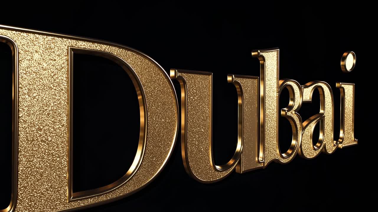 Sparkling gold Dubai word rotating gently on dark surface, radiating luxurious elegance with metallic shimmering glitter effect and glamorous visual design