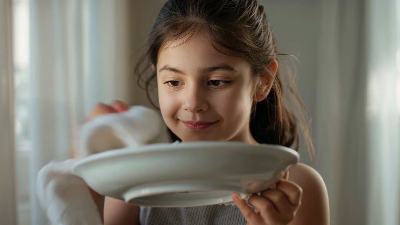 Lifting white plate up, girl wearing gray top inspecting and polishing with white towel at home