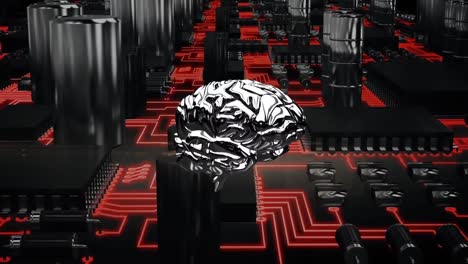 cerebro metálico y placa de circuitos de computadora