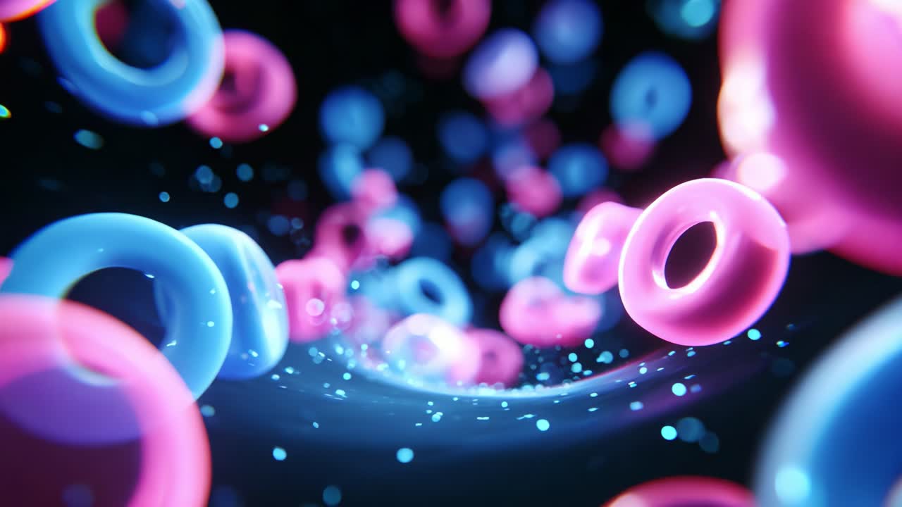 An Enchanting Visualization of Colorful Iridescent Rings and Luminescent Particles in a Flowing Abstract Space, Creating a Mesmerizing Illusion of Motion and Depth in a Digital Realm