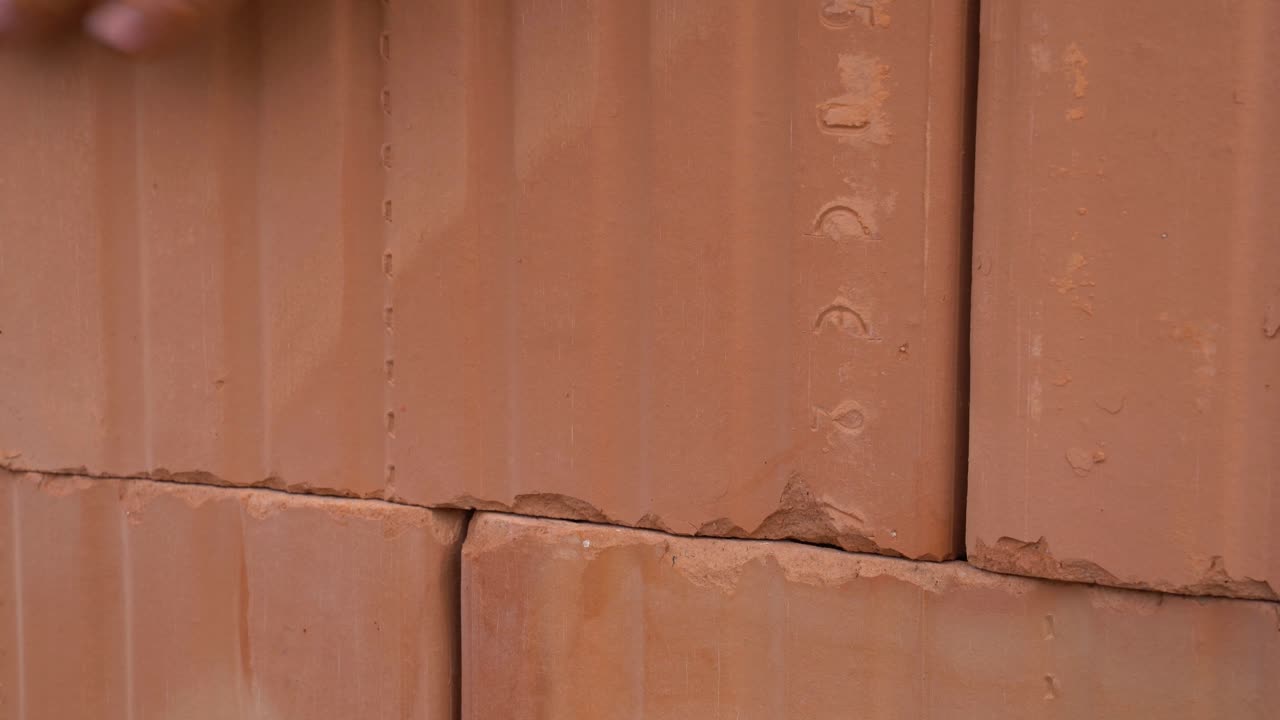 Closeup of ceramic block lowered on building foam during house construction