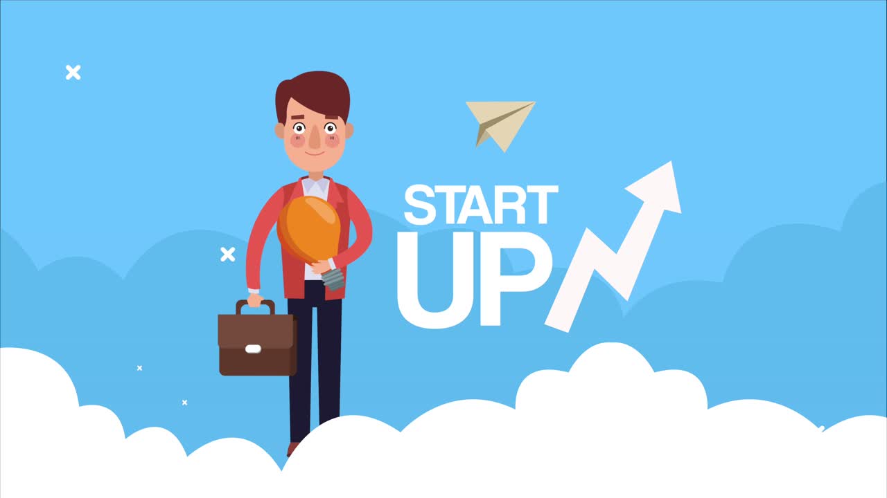 elegante hombre de negocios exitoso levantando bombilla y cartera en el cielo