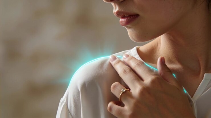 Following turquoise glow, woman bringing hand to collarbone in blouse with gold rings showing glow