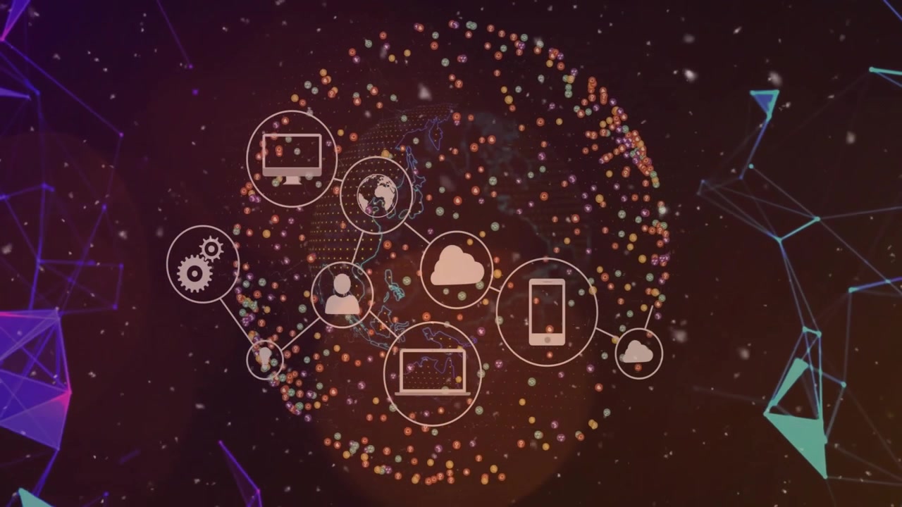 Sphere forming and cloud fading starting icons appearing, connecting and settling into network map