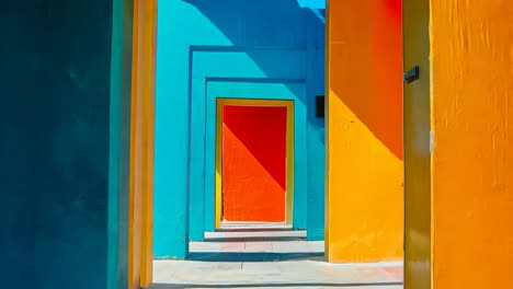 un edificio de colores brillantes con una puerta azul brillante y naranja