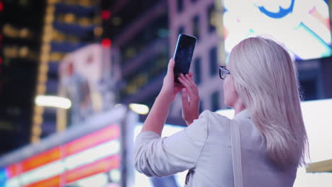 Woman-Tourist-Takes-Pictures-On-Times-Square-In-New-York-Tourism-And-Travel-In-The-Usa