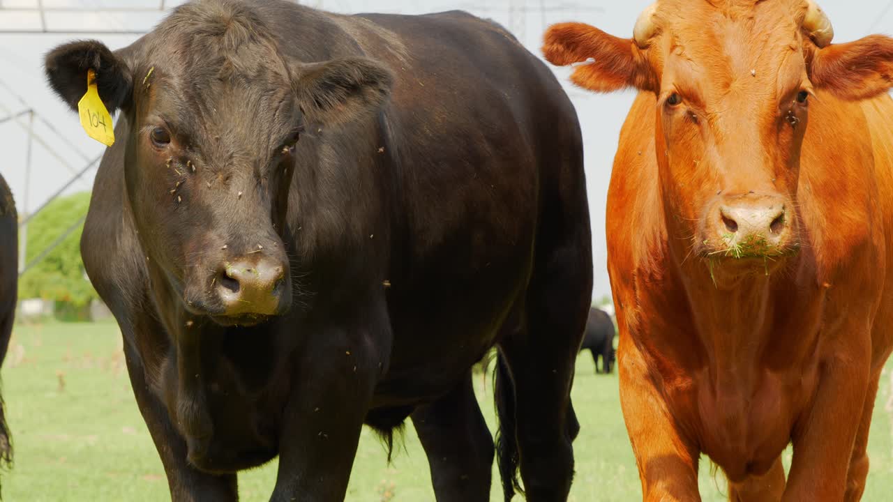 Mucche nere e una mucca rossa fulva che guardano direttamente in macchina mentre le mosche volano intorno a loro; l'inquadratura si allarga, loro distolgono lo sguardo e poi tornano a guardare
