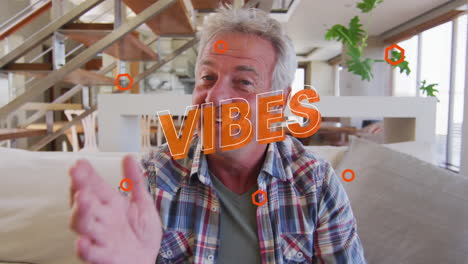animación de vibraciones texto en naranja sobre feliz hombre caucásico haciendo videollamada en casa