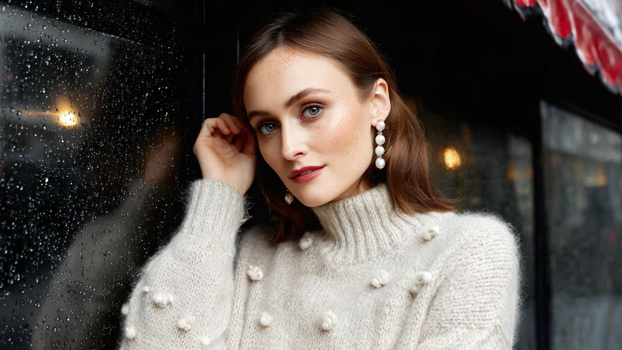 Captivating Portrait of a Woman in a Cozy Sweater with Elegant Accessories Against a Rainy Window Background, Highlighting Unique Textures and Soft Lighting