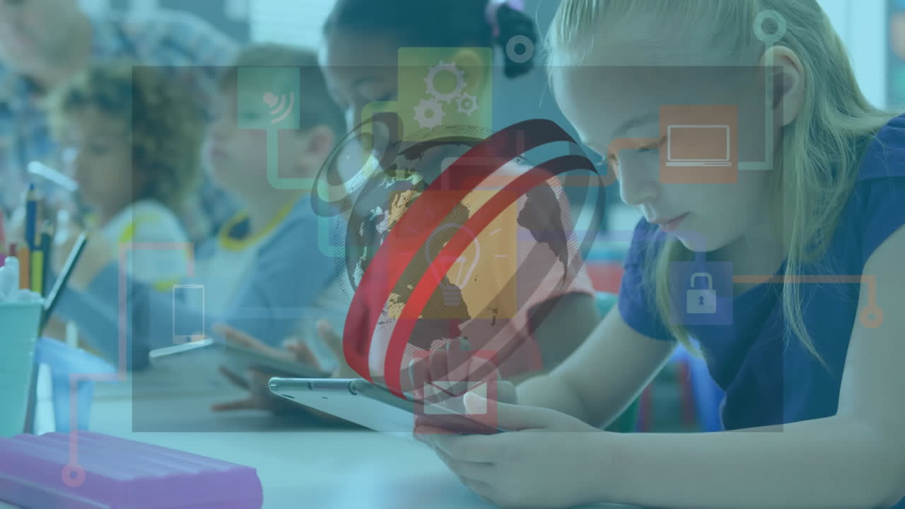 animación del globo y red de iconos digitales sobre niña caucásica usando tableta digital en la escuela