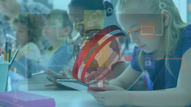 Animation of globe and network of digital icons over caucasian girl using digital tablet at school