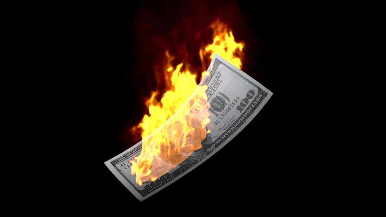 100 US dollars burn, isolated on black background. 3D animation. Finance and business concept. Fireproof and strong dollar.