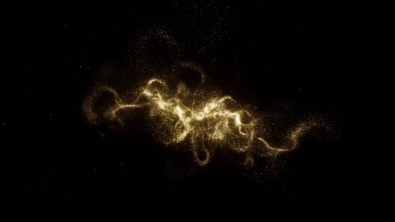 Electric Golden Particles Pulsing On Black, Rapid Energetic Swirls And Sparks Form Nebulalike Wave Perfect