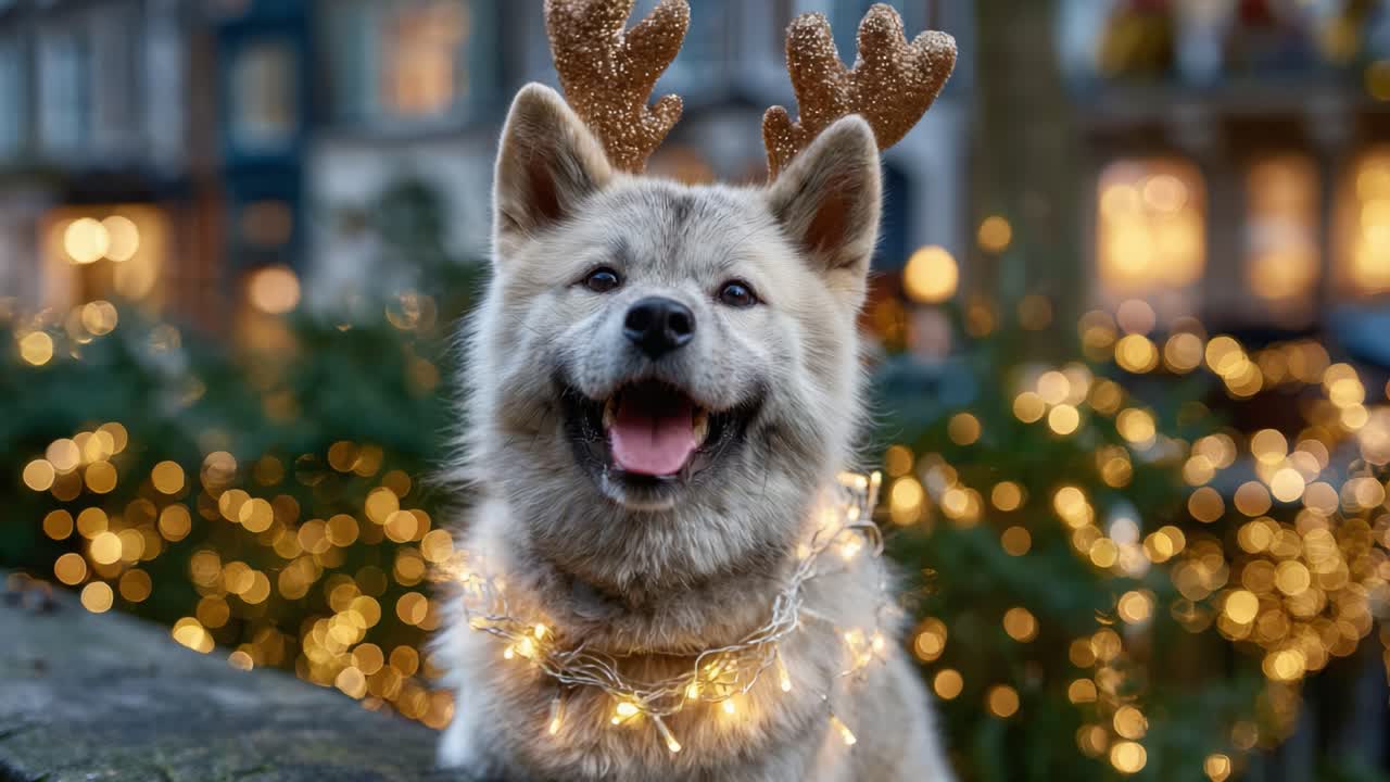 A Joyful Dog with Reindeer Antlers Surrounded by Festive Lights Capturing the Magic of the Holiday Season in a Beautiful Outdoor Setting