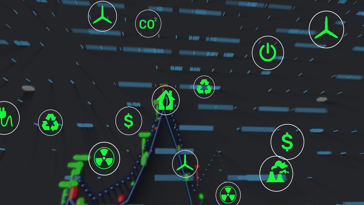 Green energy and environmental icons over digital data and graphs animation