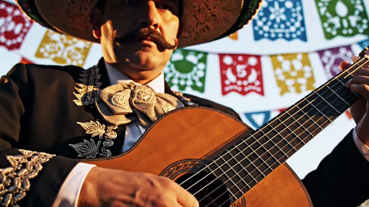 Músico mariachi tocando violão em uma celebração mexicana